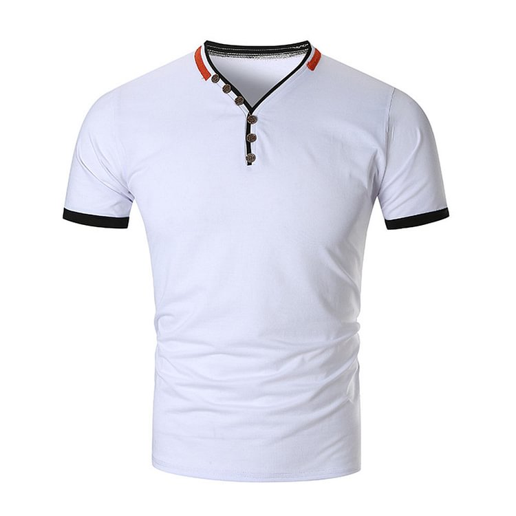 Button Color Block V-Neck Casual Slim Men's T-shirt