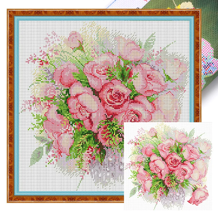 Spring-Pink Rose Vase (37*37cm) 14CT Stamped Cross Stitch gbfke