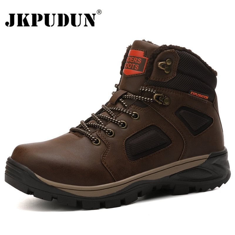 Leather Winter Men Boots Waterproof Warm Fur Snow Boots Men Outdoor Winter Work Casual Shoes Military Combat Ankle Boots JKPUDUN