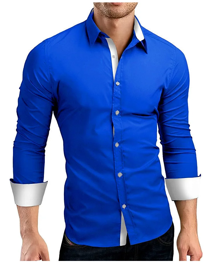 Business Men's Long-sleeved Shirt, Slim Fit, Colorful Buttons, Lapel, Mens