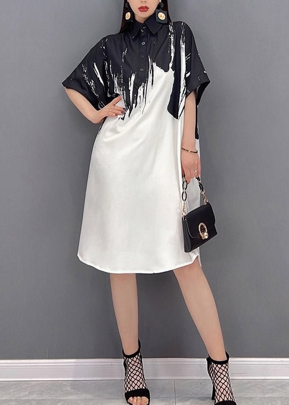 Top Quality Black Peter Pan Collar Print Button Silk Dress Short Sleeve