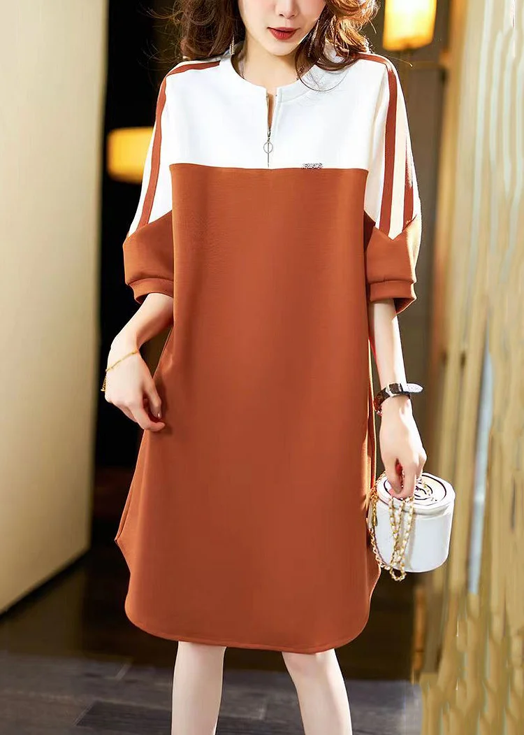 Orange Striped Patchwork Cotton Dresses Zip Up Half Sleeve