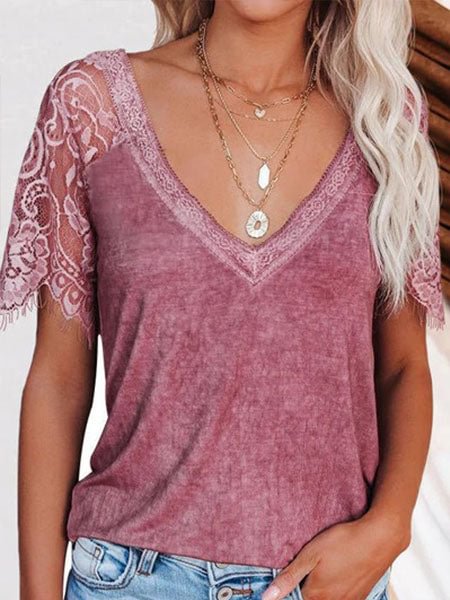 Lace Splicing V-Neck Blouse - Cameo Brown