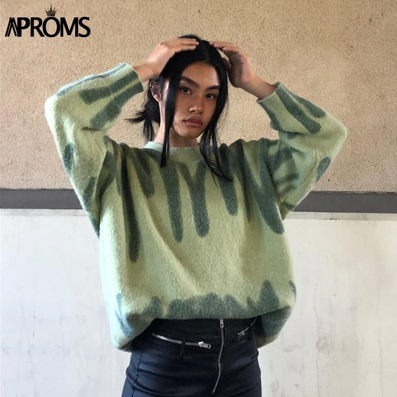 Aproms Elegant Green Striped Print Oversized Pullovers Women Winter O-Neck Loose Long Sweaters Streetwear Warm Outerwear 2021