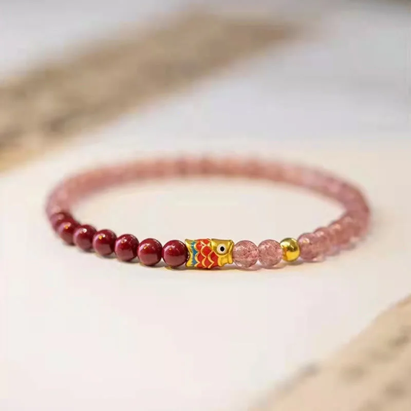 Cinnabar Strawberry Quartz Lucky Koi Fish Healing Bracelet