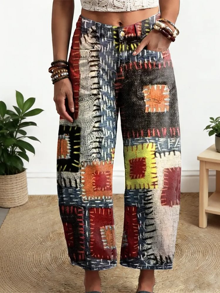Women's Vintage Pattern Art Print Casual Cotton Denim Pants