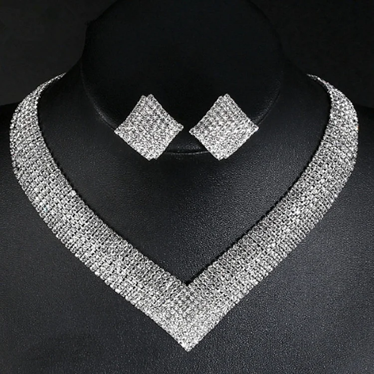 Popular Atmospheric Rhinestone Silver Plated Bridal Jewelry Necklace Set
