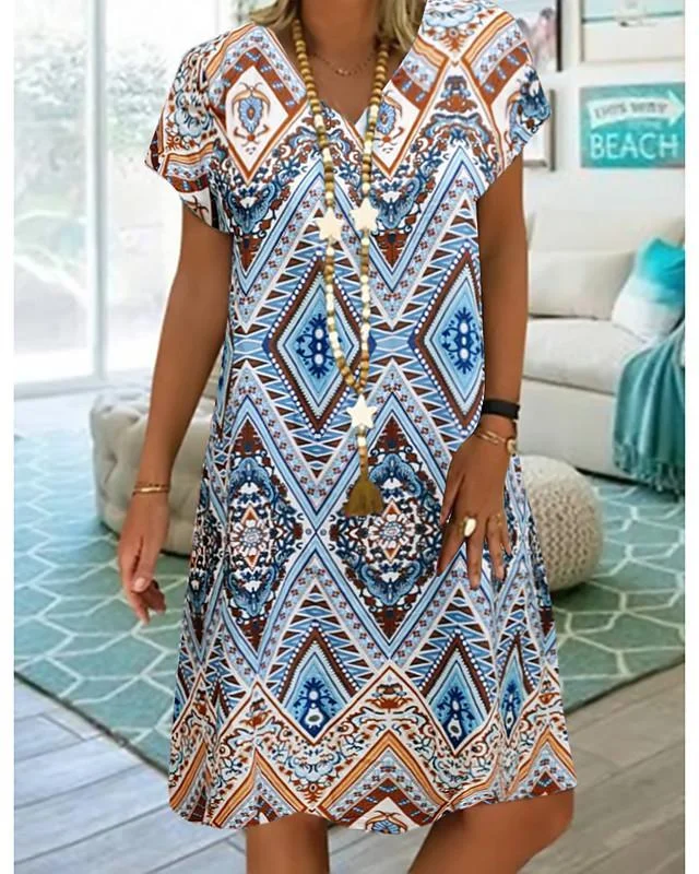 Women's A-Line Dress Knee Length Dress Short Sleeve Tribal Print Summer V Neck Plus Size Hot Casual Vacation Dresses Loose Blue Red-0222811
