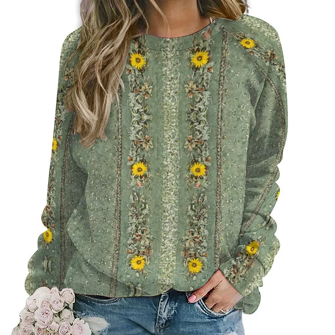 Printed Long Sleeve Casual Sweatshirt for  Women and Men Unisex Pattern Green, Floral, Vintage