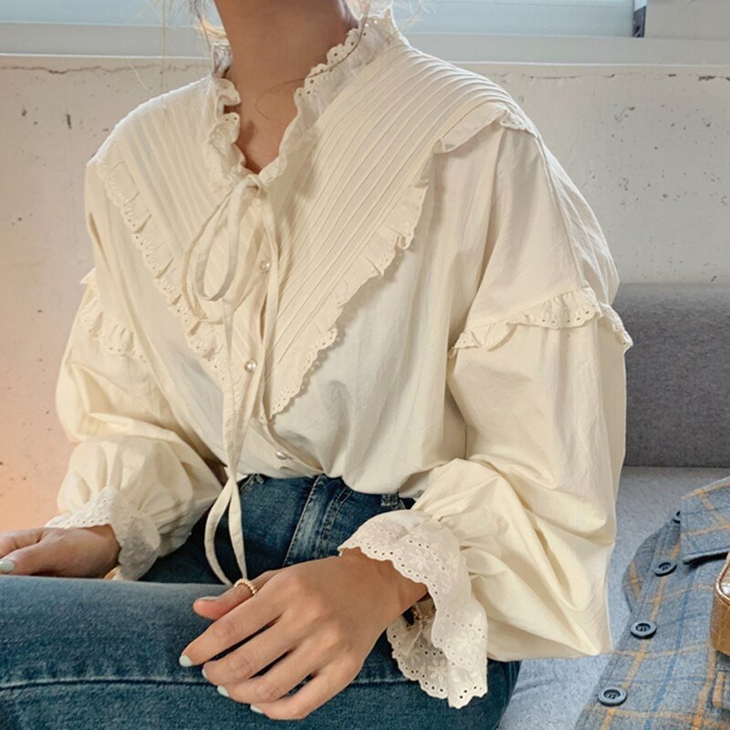 Blusas Mujer De Moda 2021 Casual Women Shirt Loose Vintage Elegant Tops Korean Style  Long Lantern Sleeve Women Blouse 9580