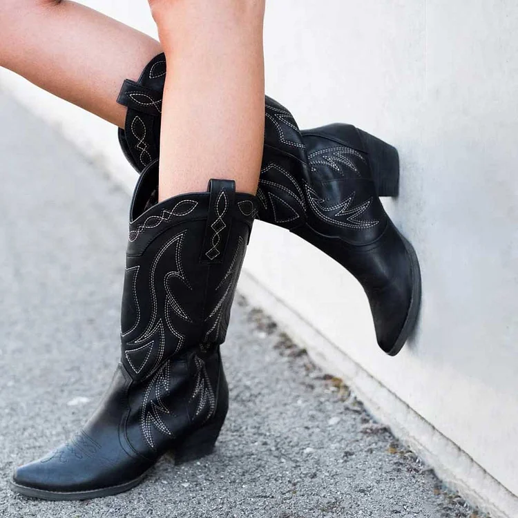 Women's Embroidered Mid Calf Western Cowboy Boots in Black |FSJ Shoes