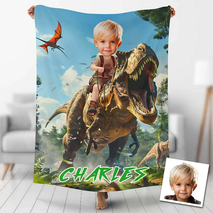Custom Dinosaur Blankets Personalized Boy Riding Dinosaur Fleece Blanket