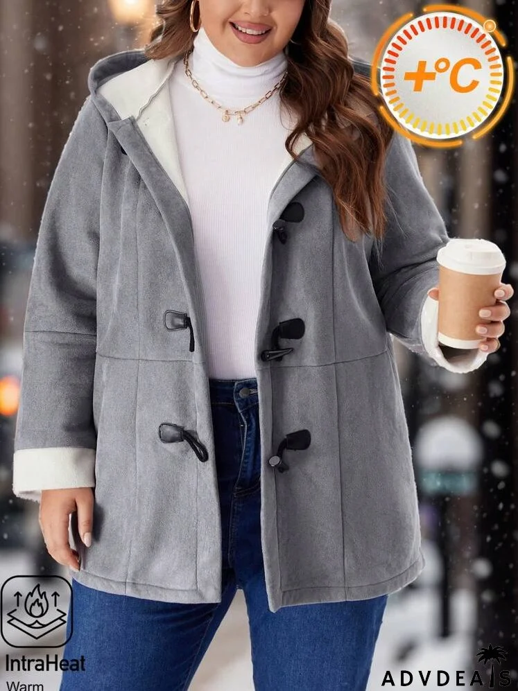 Plus Size Front Button Long Sleeve Solid Color Patchwork Hooded Casual Jacket