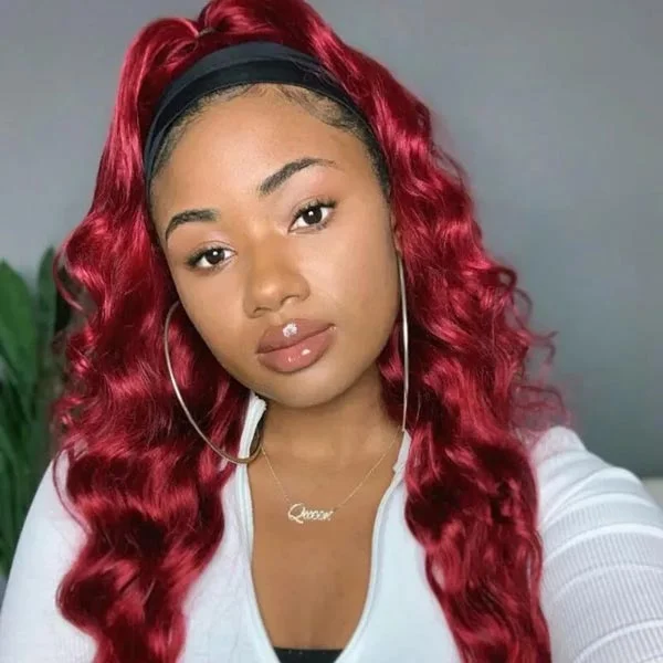 Junoda Hair Red 99j Body Wave Headband Wig Burgundy Colored Human Hair Wig Remy 150% Density