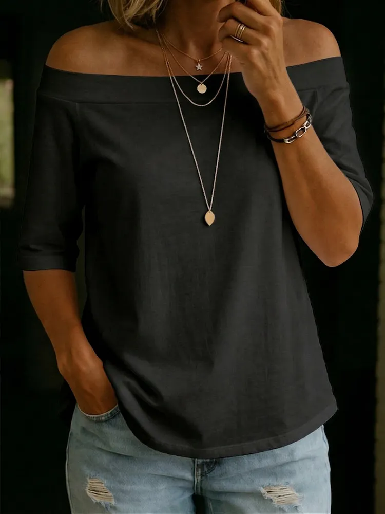 Cozy Elegant Off-shoulder 100% Cotton T-shirt