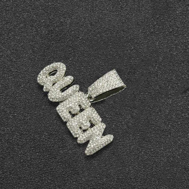 1 Men’s Diamond QUEEN Letter Hip Hop Hipster Full Diamond Hip Hop Necklace Pendant Accessories Cuban Chain
