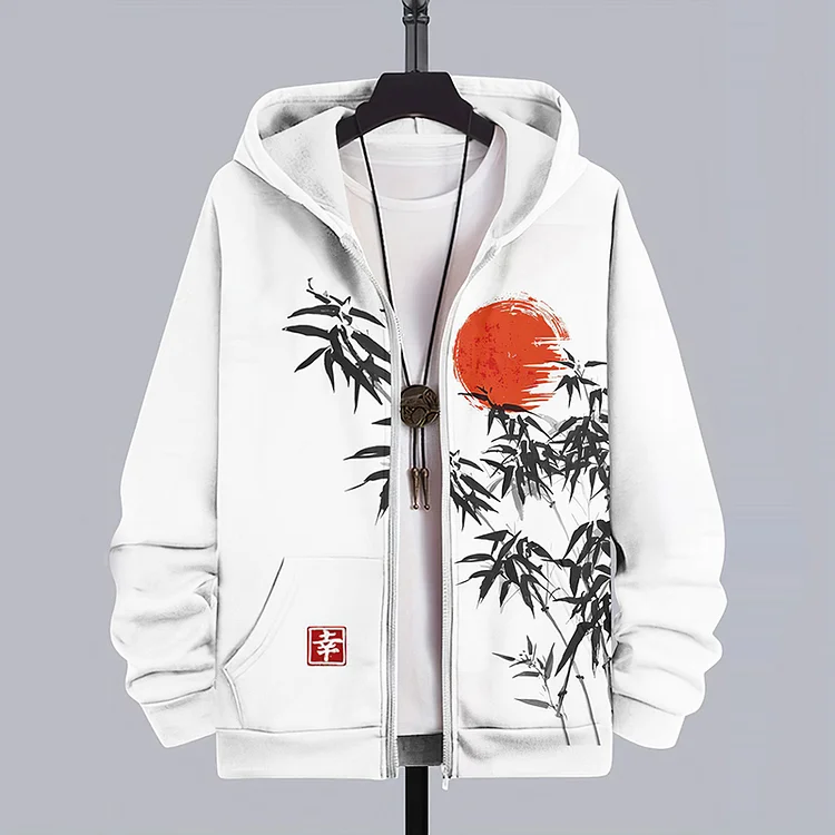 Japanese Bamboo Forest And Red Sun Art Casual Hooded Zip Up Jacket