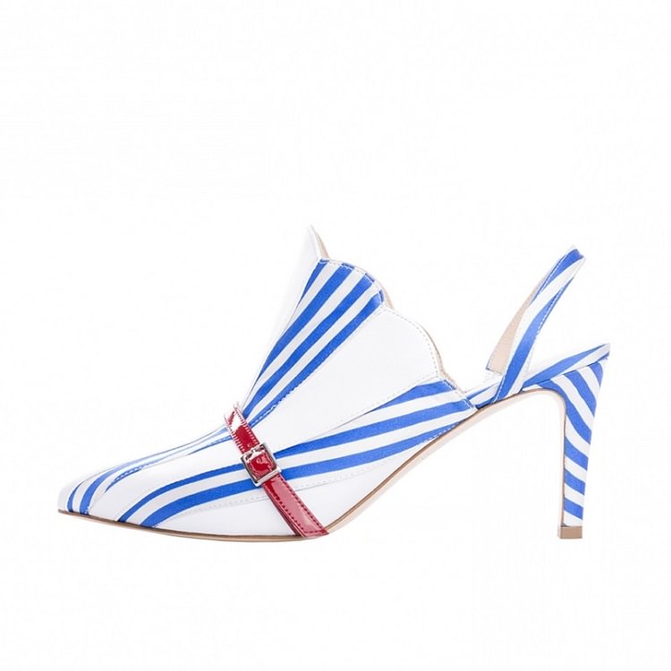 3 inch Heels Royal Blue Stripes Round Toe Stilettos Slingback Pumps |FSJ Shoes