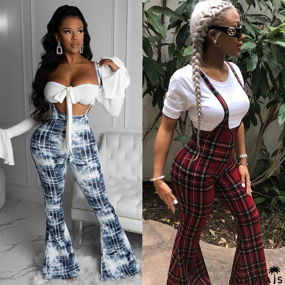 Trendy Plaid Print Straps Flared Jumpsuits