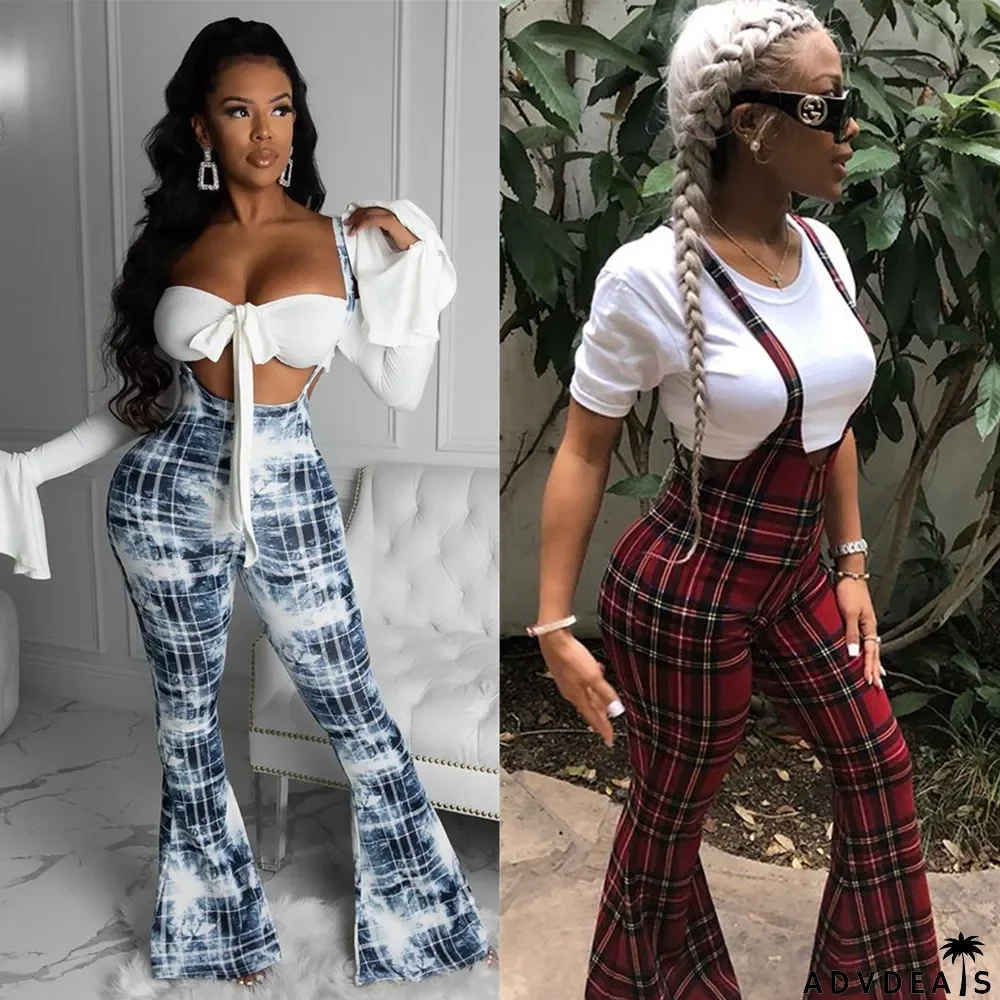 Trendy Plaid Print Straps Flared Jumpsuits