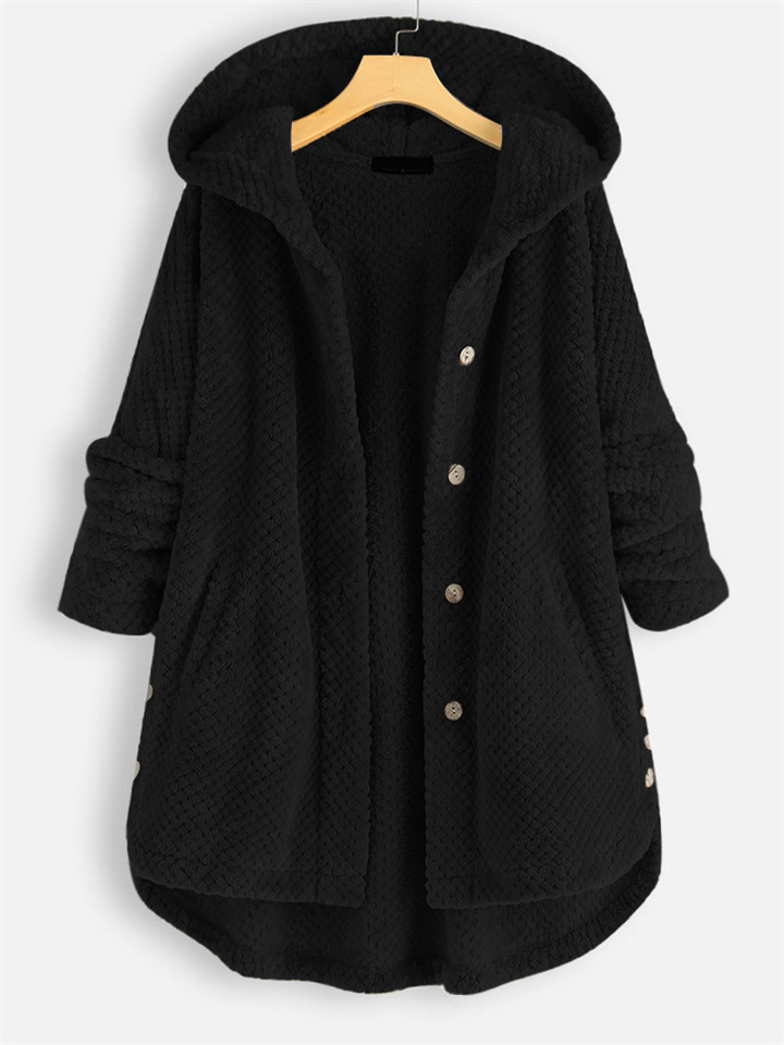 Women's Plus Size Teddy Coat Winter Coat Button Pocket Plain Outdoor Causal Long Sleeve Hoodie Regular Winter Fall Black Blue Khaki XL XXL 3XL 4XL 5XL