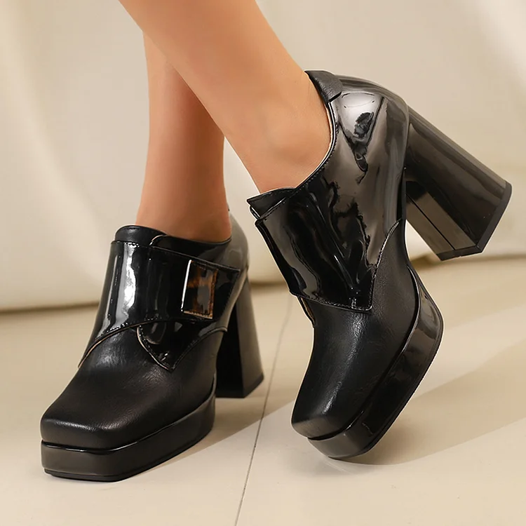 Leopard Print Patchwork Square Toe Platform Chunky Heels