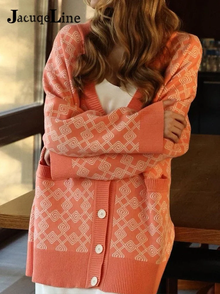 Jacuqeline Autumn Winter 2021 Oversize Knitted Women Cardigan Long Sleeve V Neck Sweater Fashion Plaid Casual Loose Cardigan