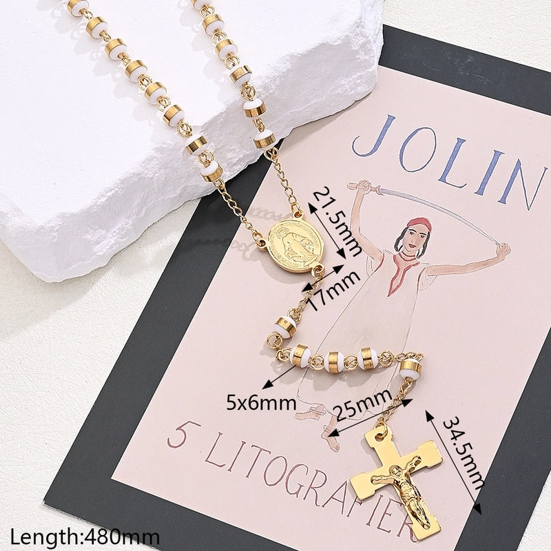 304 Stainless Steel Silica Gel 18K Gold Plated Beaded Polishing Plating Cross Virgin Mary Oval Sweater Chain Long Necklace Necklace