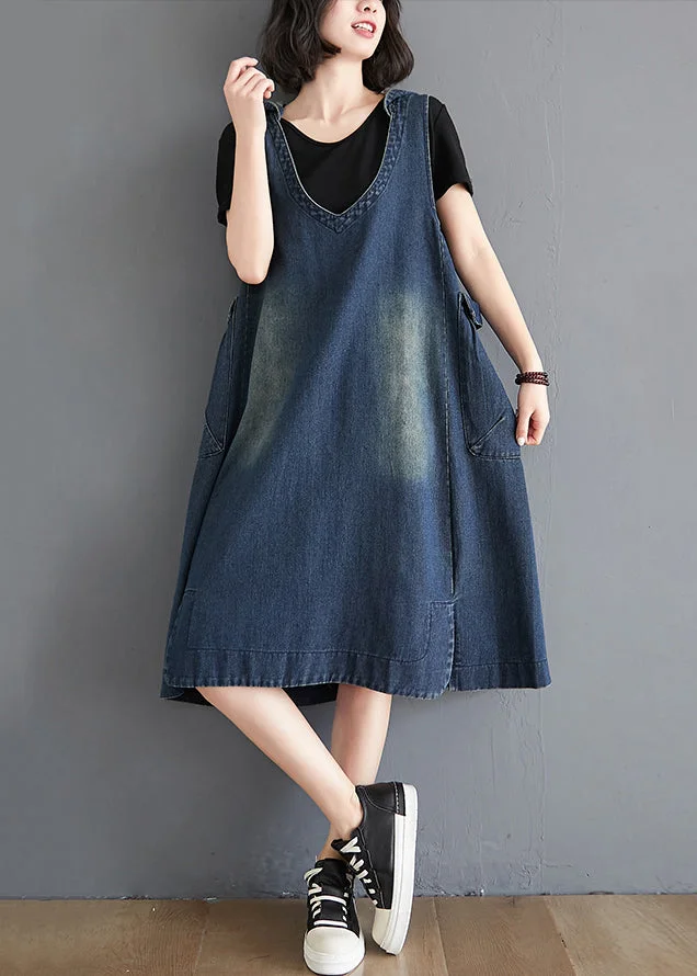 Modern Blue HoodedPockets Patchwork Denim Waistcoat Long Dress Sleeveless