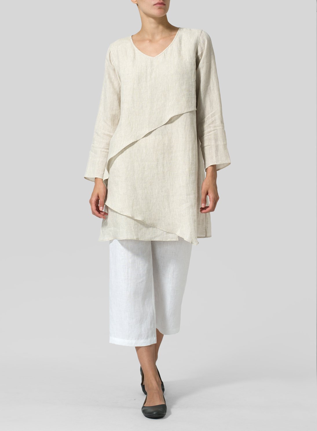 Casual Linen Solid V neck Long Sleeve Tops