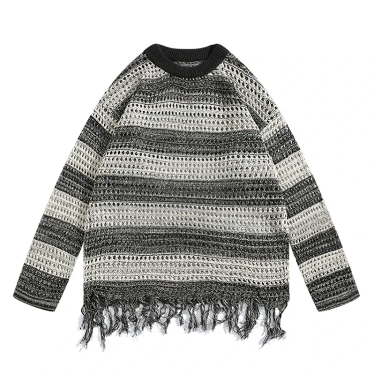 Traceeye Men's Hollow Tassel Edge Long-sleeved Color-block Striped Sweater Spring Autumn High-end Loose Versatile Casual Knitted Pullover