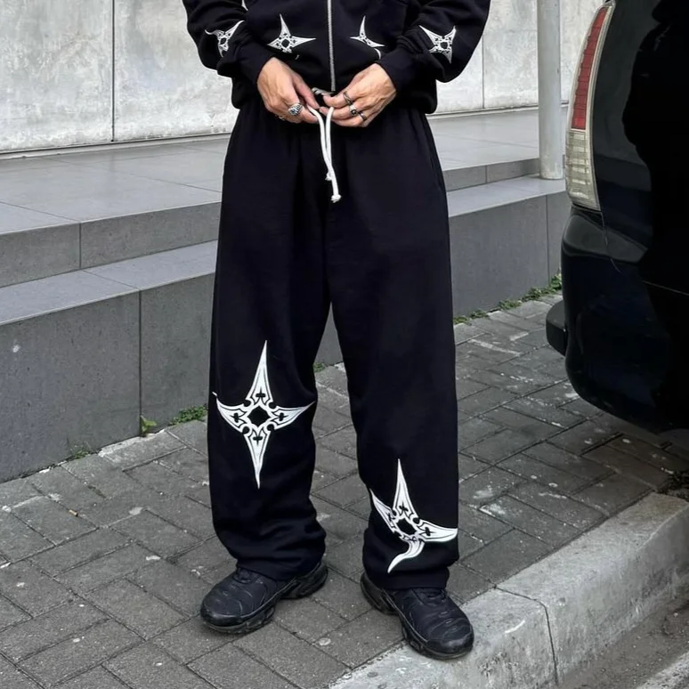Aonga Hip Hop Dart Print Oversized Zip Up Hoodie Sweatpants Two Piece Set Y2K Clothes Tracksuit Men Casual Pants Tops Men Clothing aonga