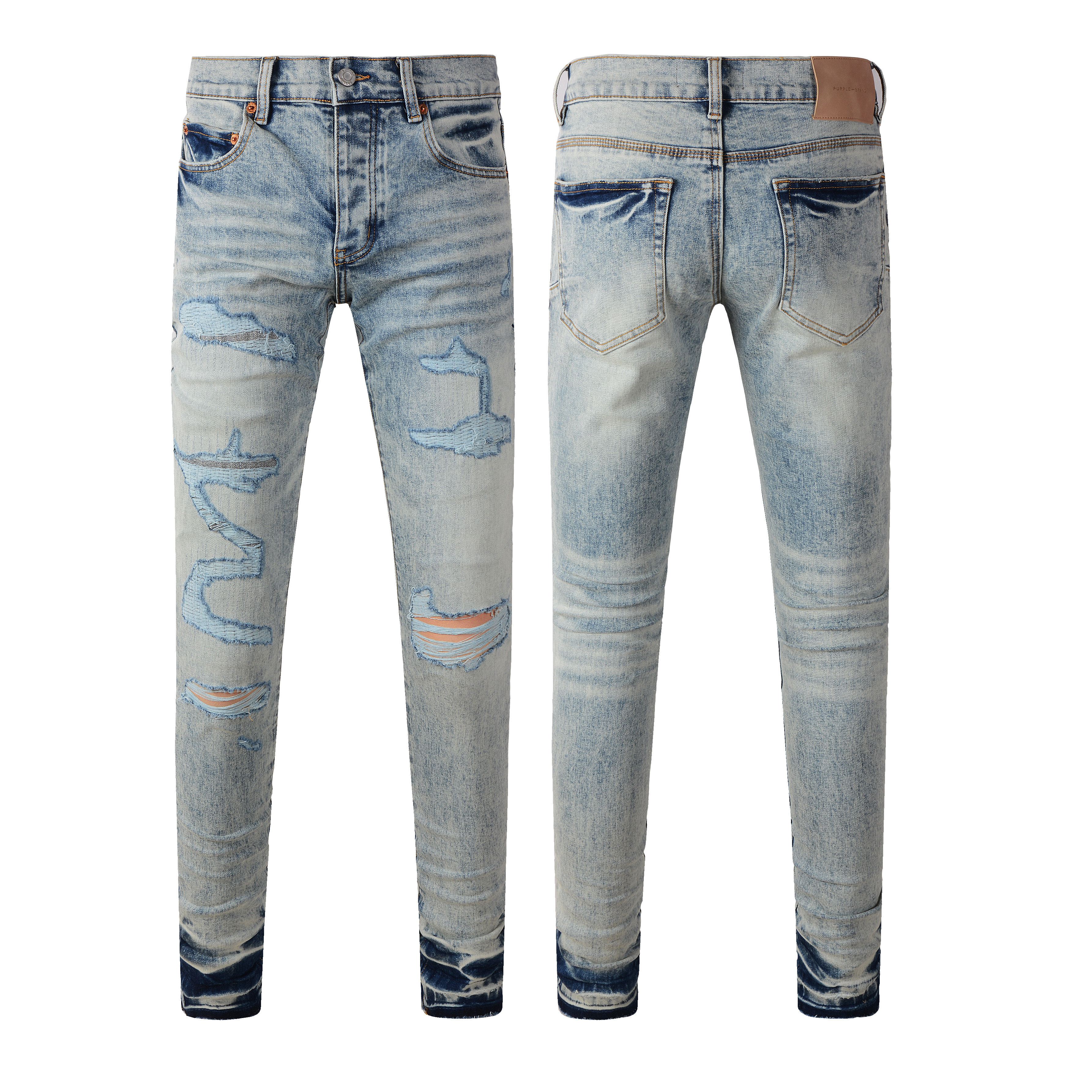 Bonushow American High Street brand purples Jeans Men fashion Retro wash Distressed Elastic Skinny Jeans Button Fly Ripped Pants Trousers