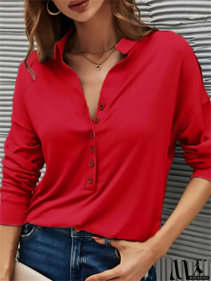 MidiSono - Women's Spring V Neck Button Design Pullover Slim Fit Blouses