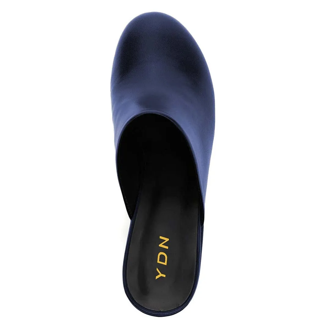 Vegan Leather Block Heel Platform Women's Mules Shoes in Navy