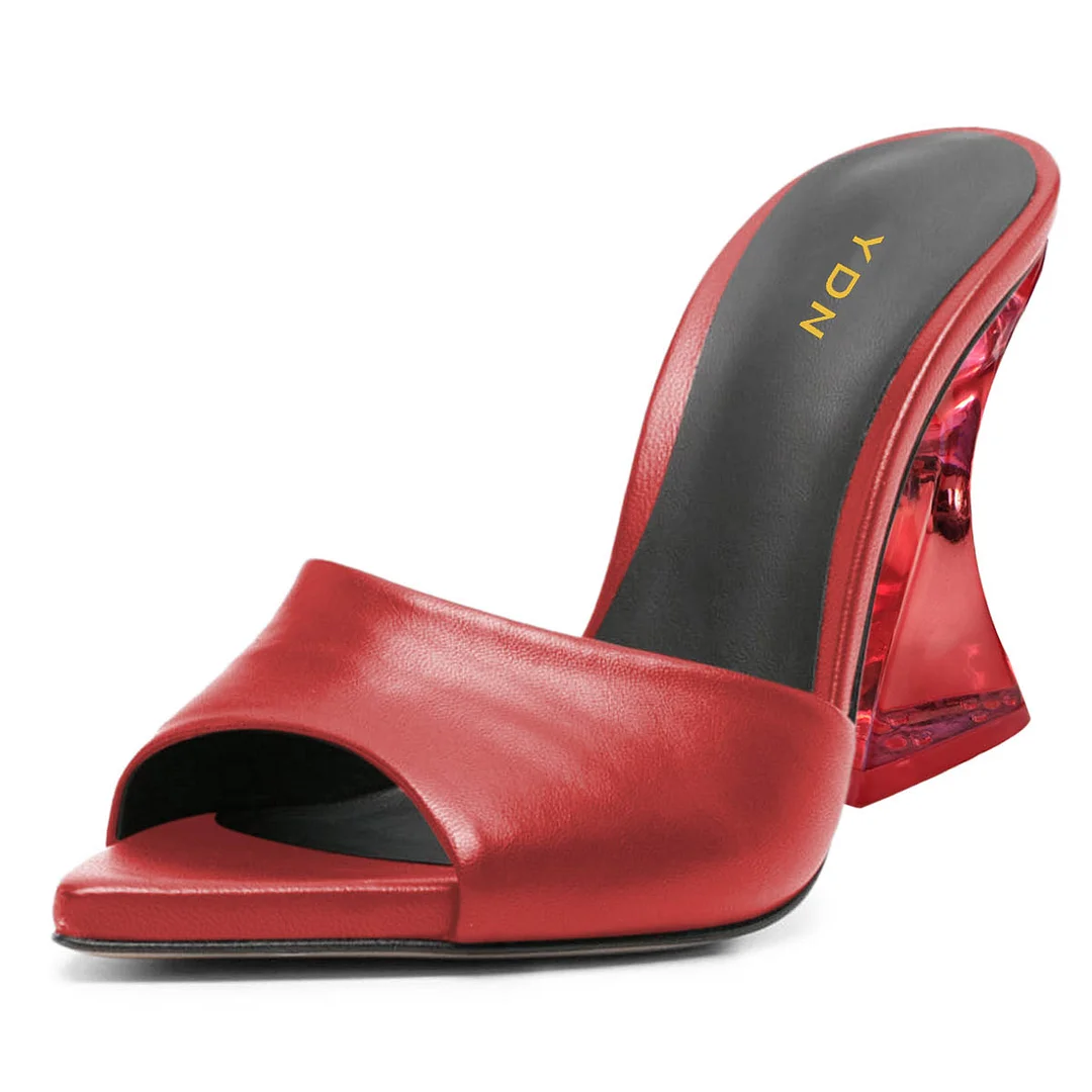 YDN Vegan Leather Open-Pointed-Toe Flared Heeled Mules in Red
