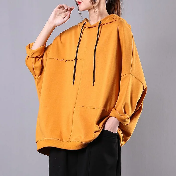 Modern yellow cotton Blouse hooded patchwork cotton blouse