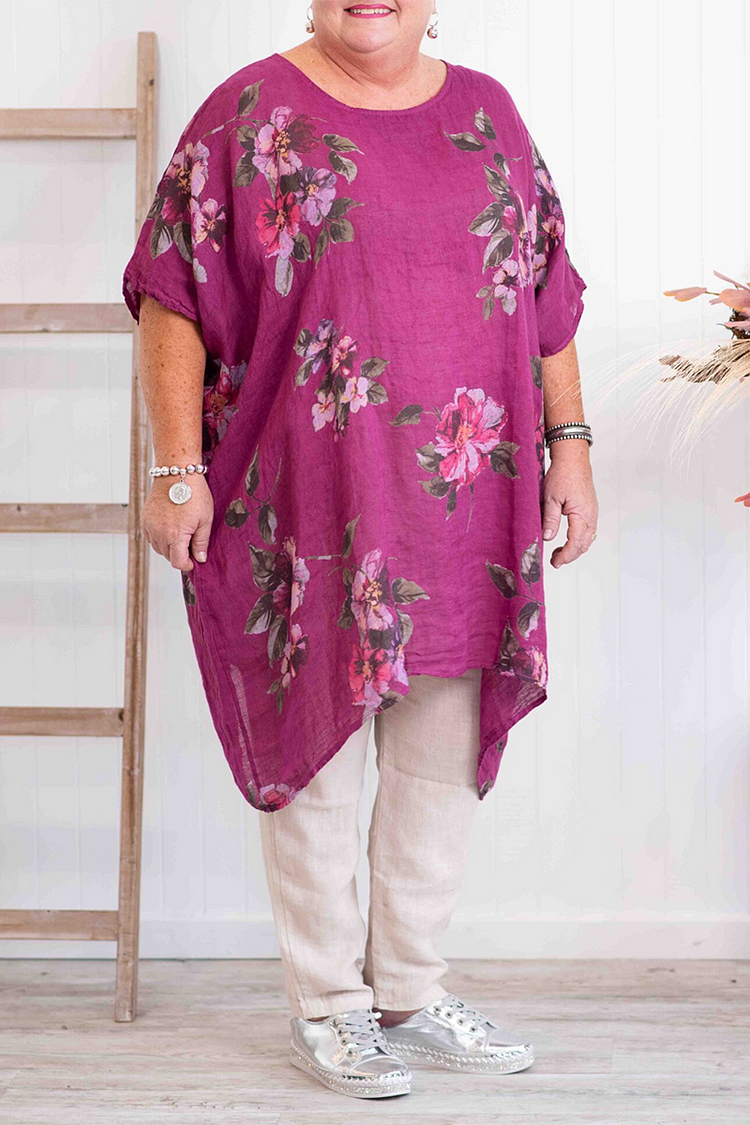 Short Sleeve Irregular Hem Floral Printed Linen Mini Dresses [Pre Order]