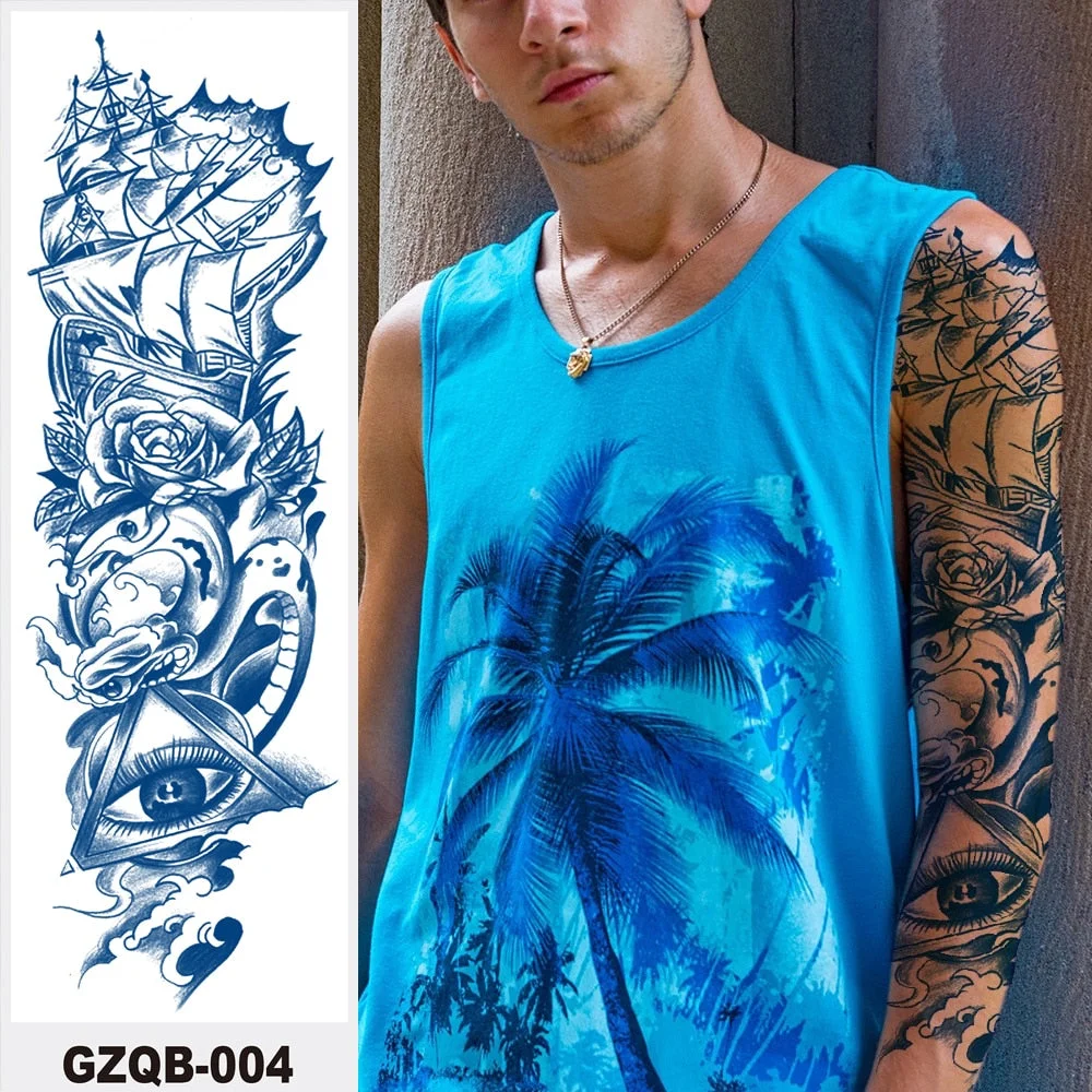 Temporary Flower Full Arm Tattoos Stickers Indian Wolf Dragon Navigator Totem Juice Ink Men Women Girl Leg Fake Tatoo Hot Sale