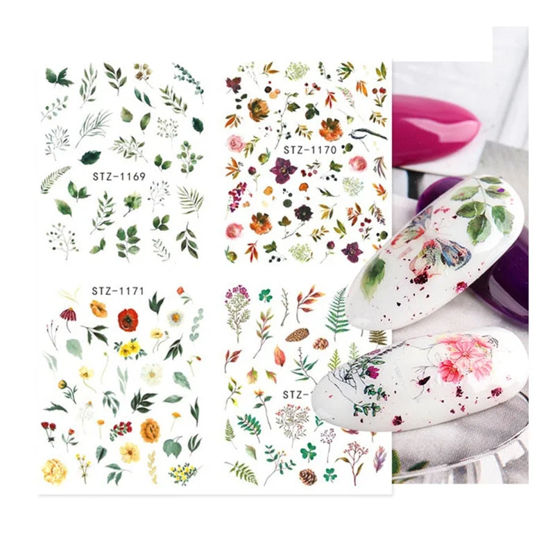 Nail Stickers Water Transfer Flowers Leaves Pine Cones Designs 4Pcs/Set Nail Decal Decoration Tips For Beauty Salons-Nail Inspo