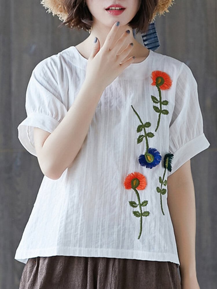 Flower Embroidery Short Sleeve O neck T shirt For Women P1693179