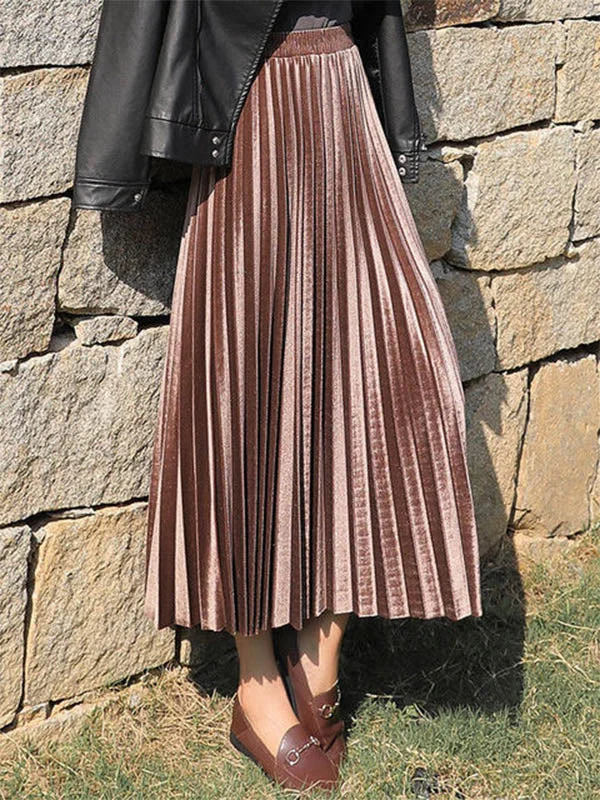 Elegant Champagne High-Waist Pleated A-Line Velvet Skirt