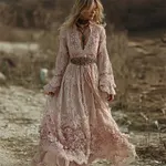 Boho Pink Roses Floral Lace Art Flowy Linen Maxi Dress - Image 2