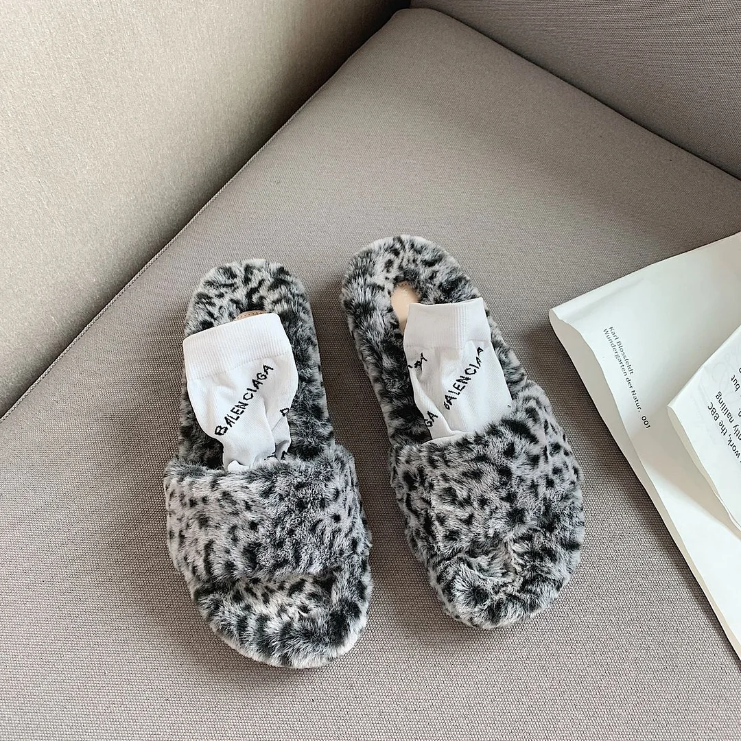 Female Cotton Slippers 2021 Autumn Women's Winter Lambswool Flat Furry Slippers Mink Fur Home Half Slippers Leopard Flat Shoes