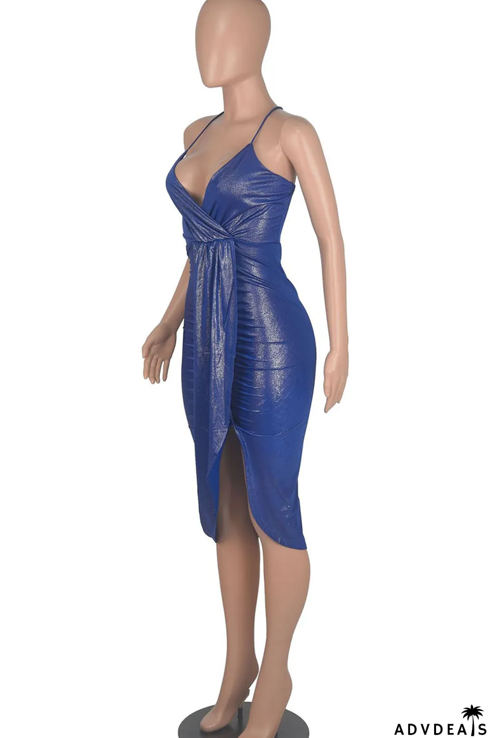 Blue Sexy Solid Split Joint Fold Asymmetrical Spaghetti Strap Sling Dress Dresses