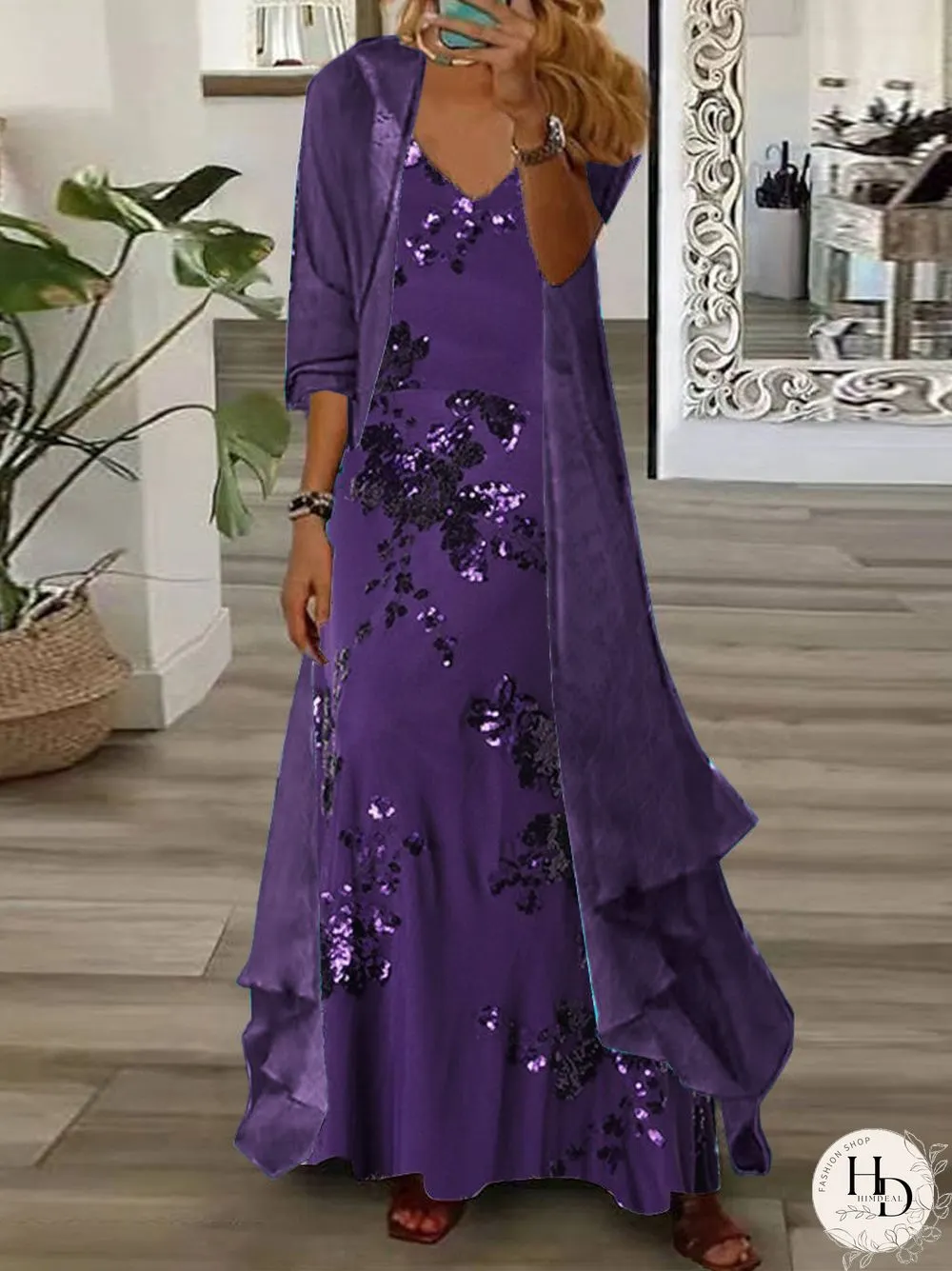 Women's Long Sleeve V-neck Graphic Printed Two Pieces Maxi Dress