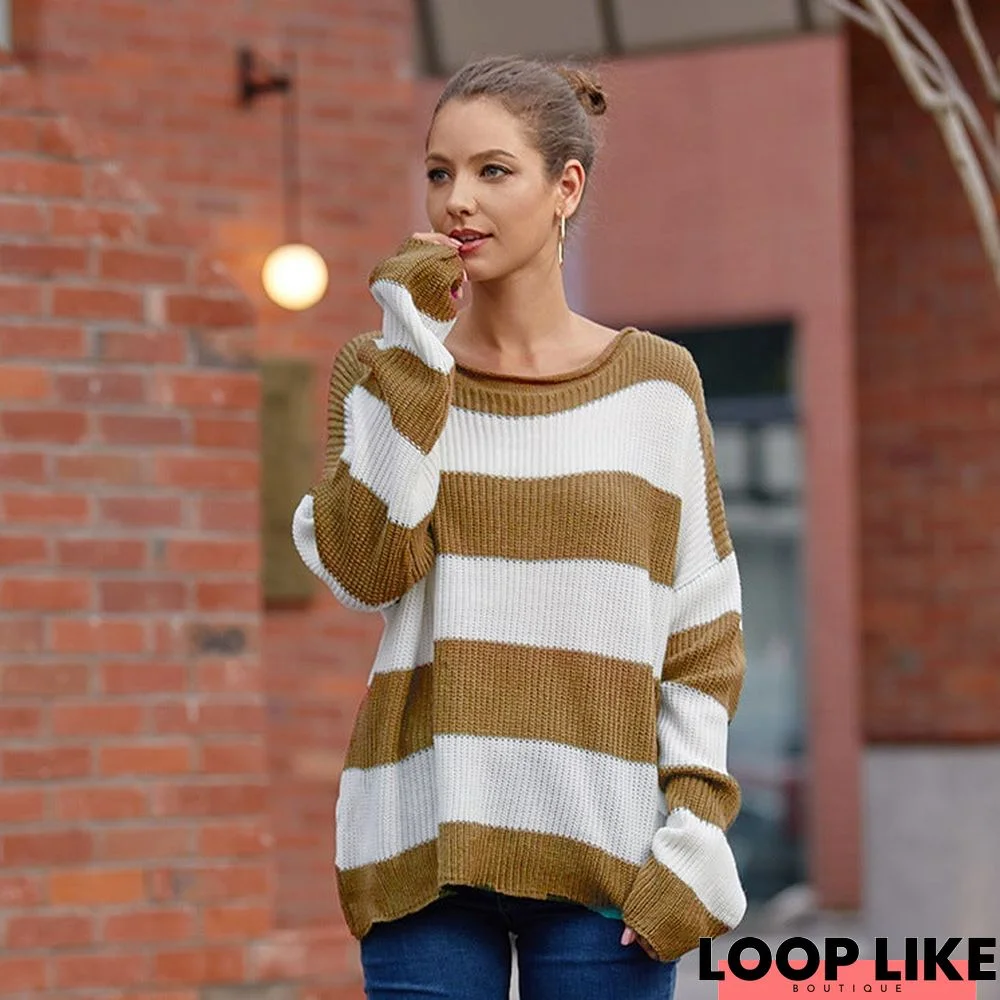 Color Matching Sweater with Rolled Round Collar and Stripe
