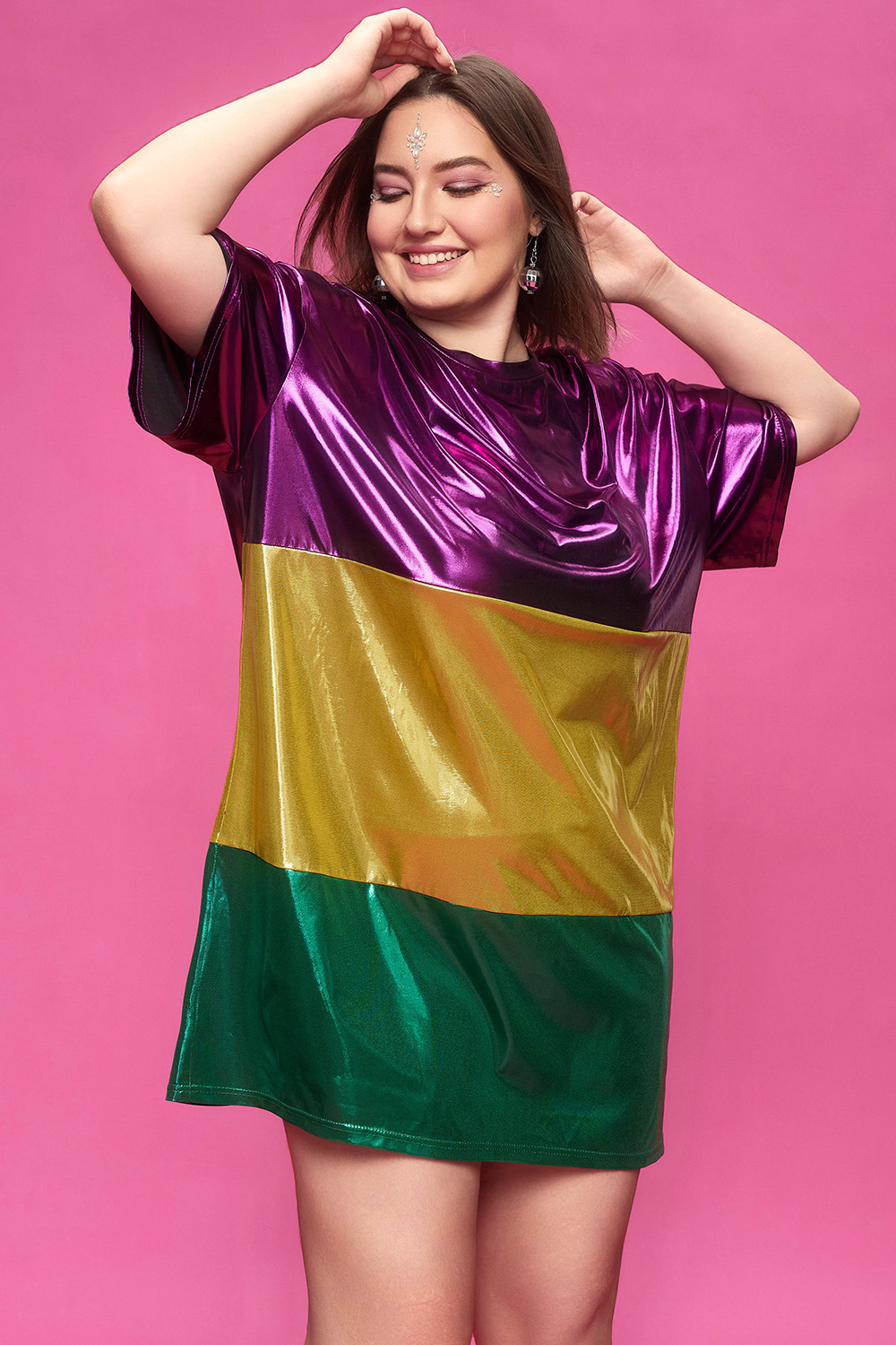 Design Plus Size Party Multicolor Round Neck Short Sleeve Contrast Glitter Mini Dresses [Pre-Order]