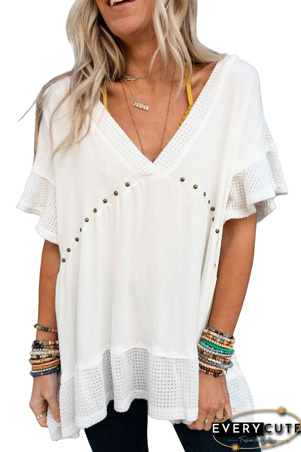 White Contrast Knit Splicing V Neck Studded Blouse