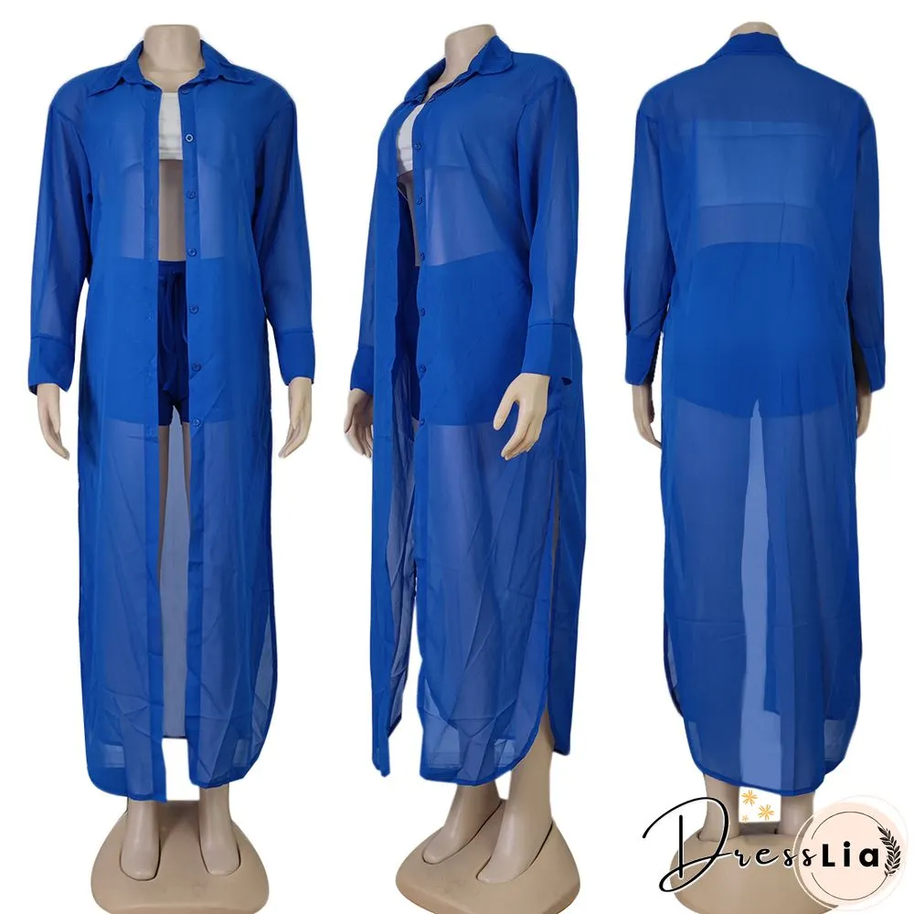 Long Sleeve Chiffon Shirt Dresses+Shorts Two Piece Set